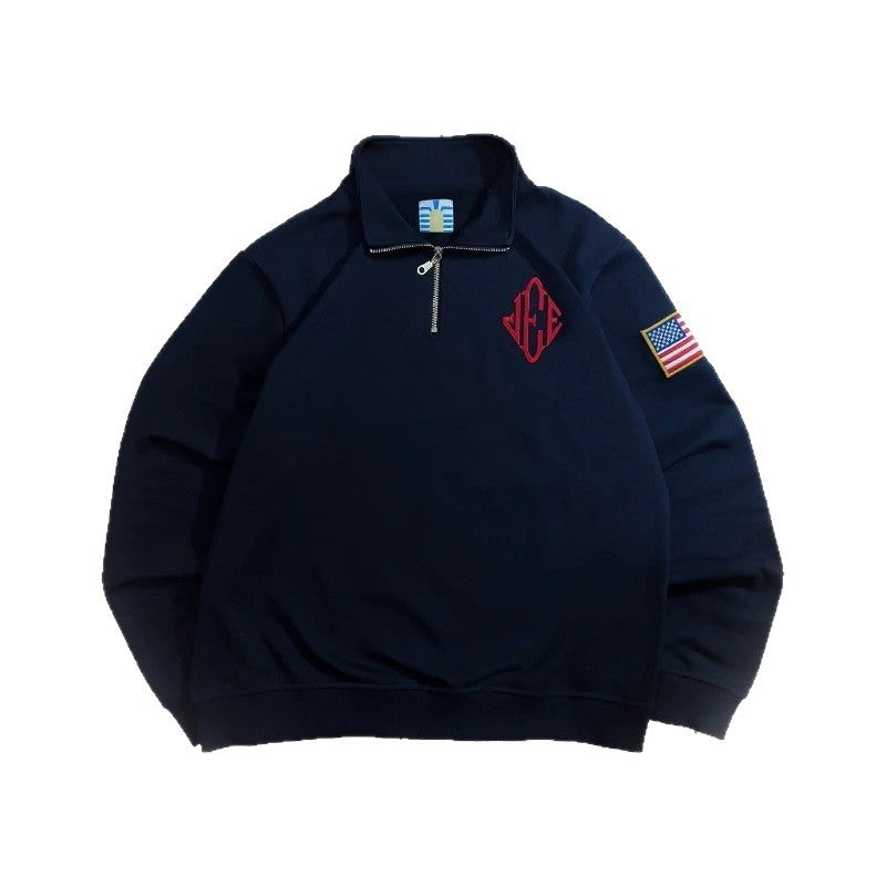 Vintage retro embroidered hooded polo sweatshirt by Plush Fashion Hub, featuring a classic design with detailed embroidery.