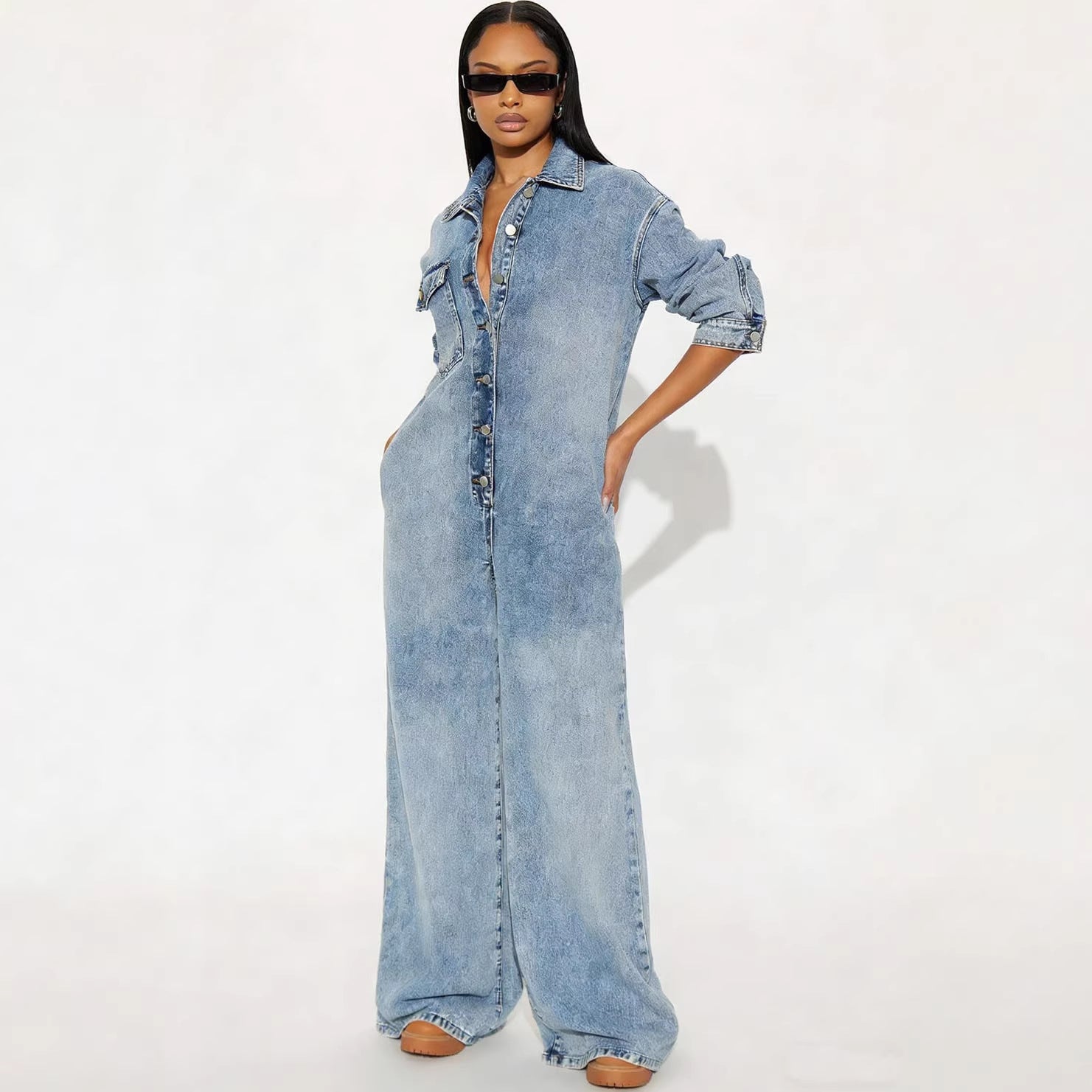 Women's Long Sleeve Button-Front Denim Jumpsuit