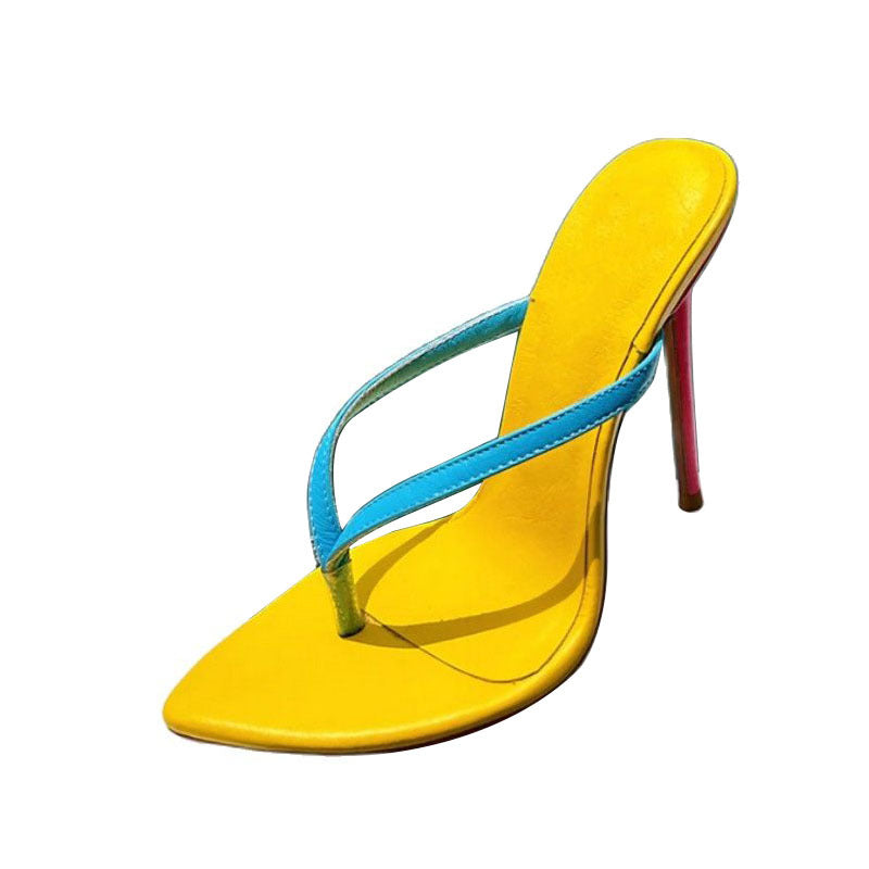 Yellow leather thong stiletto mules with a bright blue strap and a pink heel. Pointed-toe luxury design.