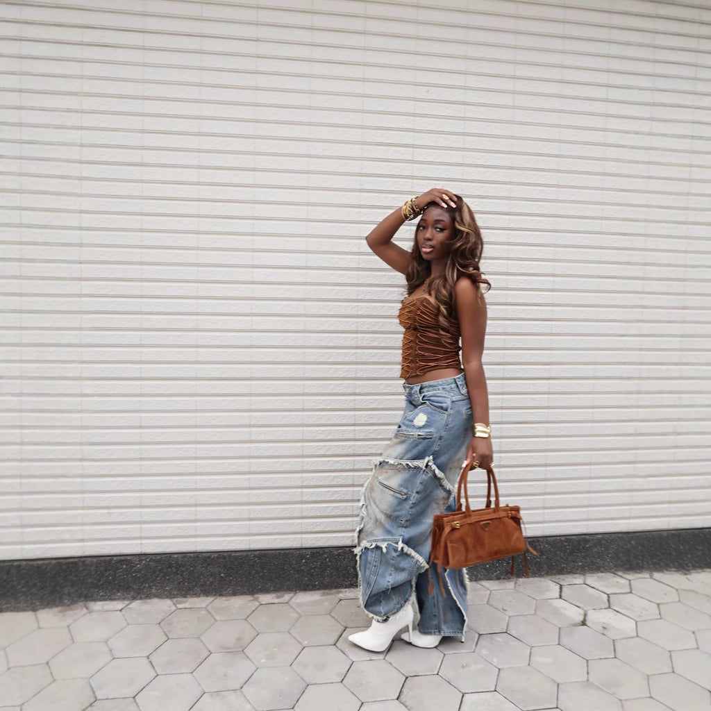 Wave Frayed Ripped Edge Denim Jeans