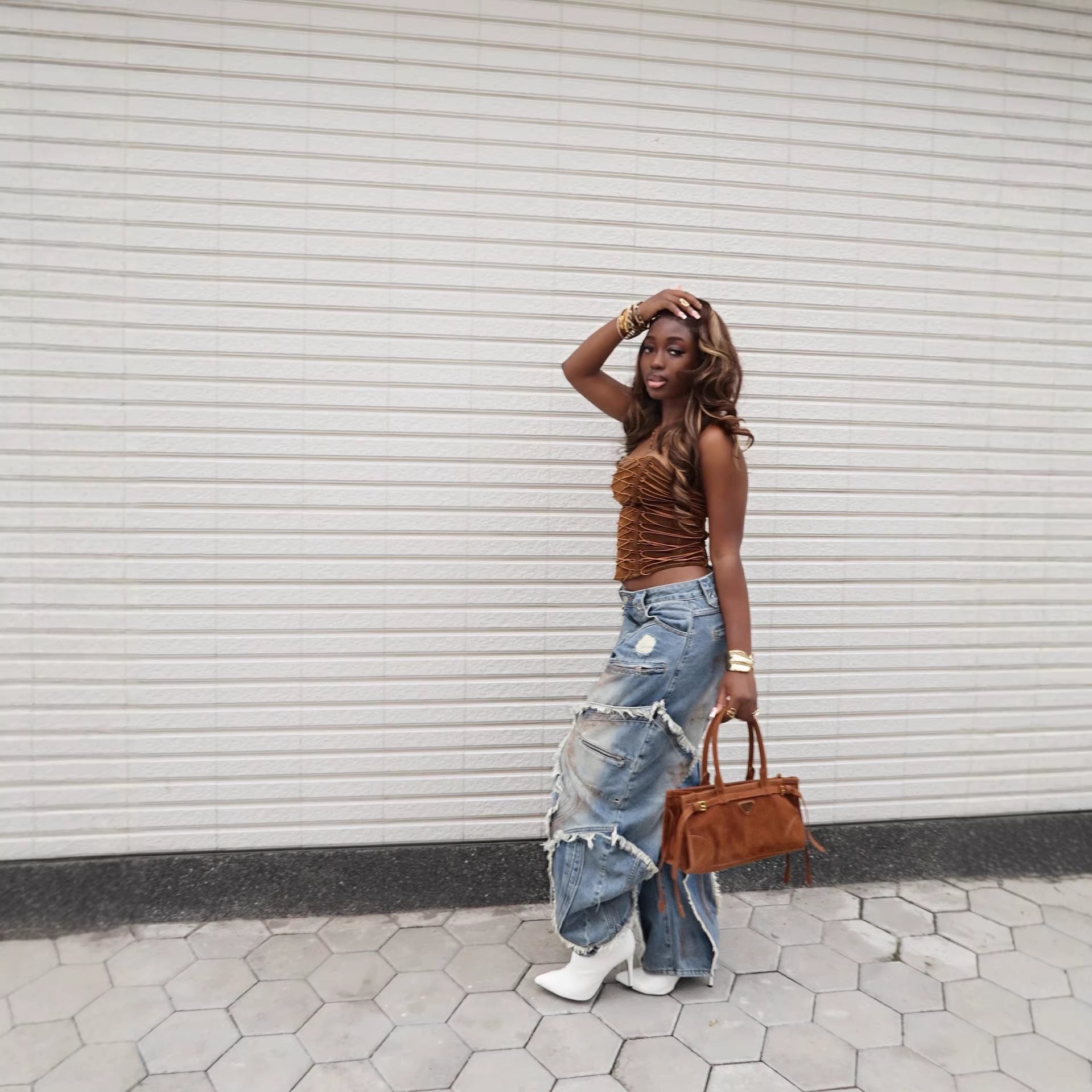 Wave Frayed Ripped Edge Denim Jeans