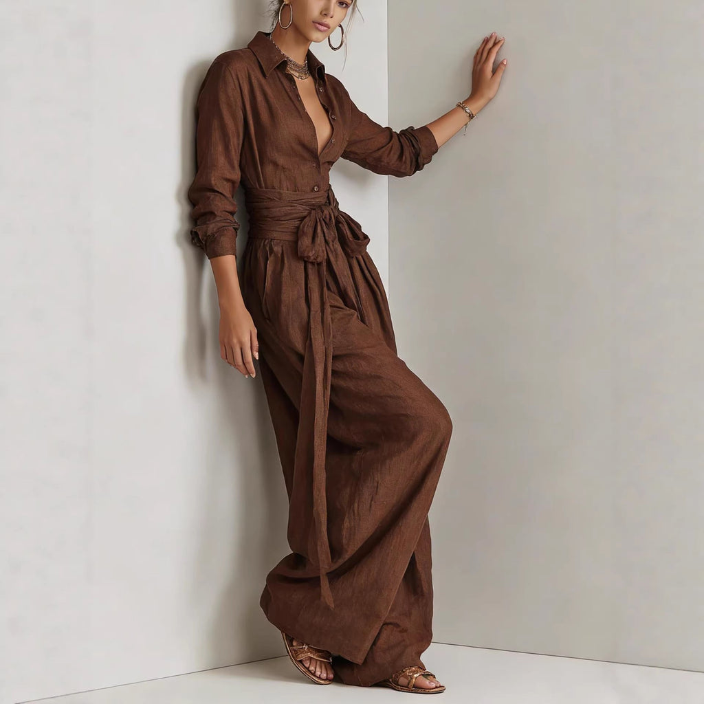 Women's casualwear two-piece set with collar long sleeve top and high-waist pants in five colors by FitiqueFit.
