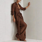 Women's casualwear two-piece set with collar long sleeve top and high-waist pants in five colors by FitiqueFit.