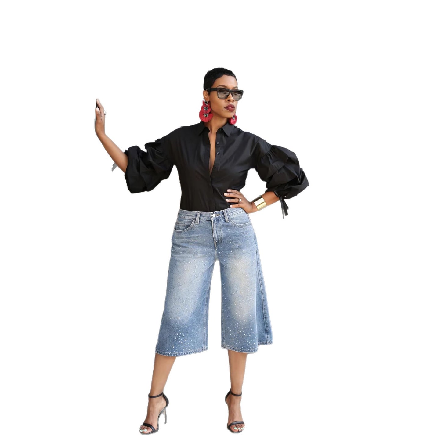 High-waisted bleached denim jeans with studded details and mid-length cut from Plush Fashion Hub.