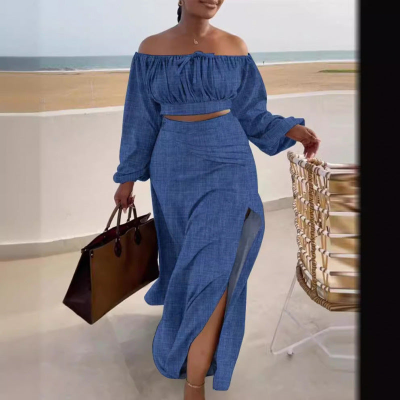 Off-shoulder top and slit skirt set from Plush Fashion Hub, featuring stylish, matching two-piece outfit with trendy design.