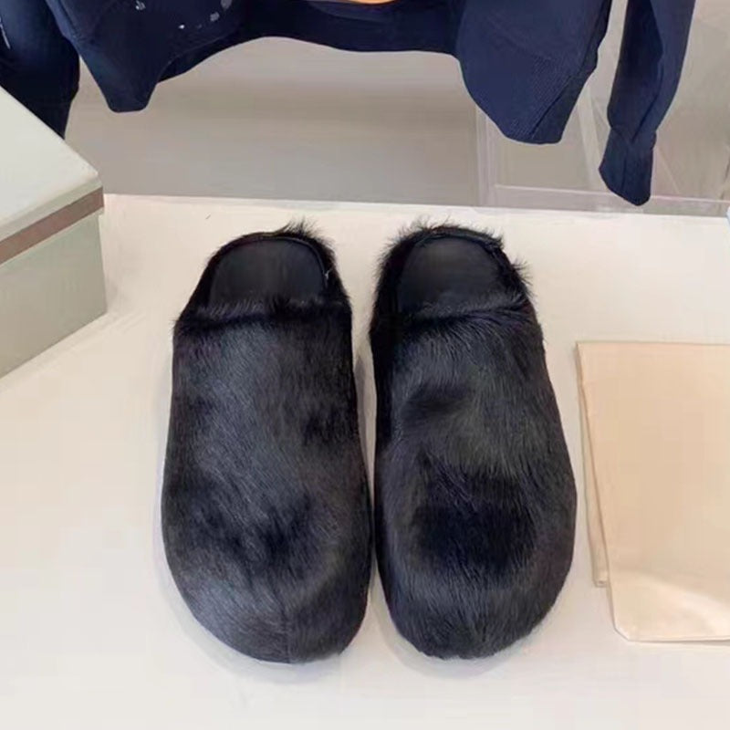 Plush Fashion Hub Matsuke genuine leather horse hair half slippers with soft interior and stylish design.