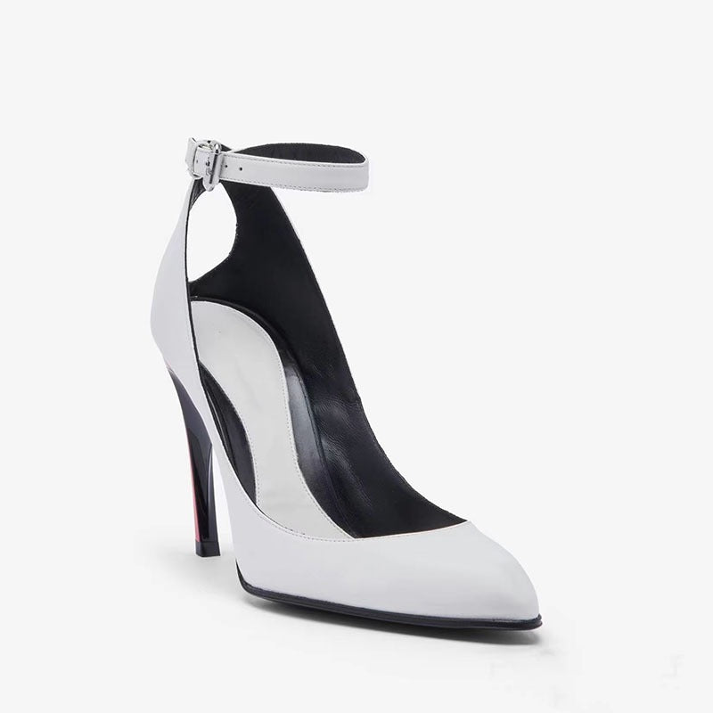 Colorblock pointed-toe stiletto heels with buckle detail from Plush Fashion Hub, featuring a sleek modern design.