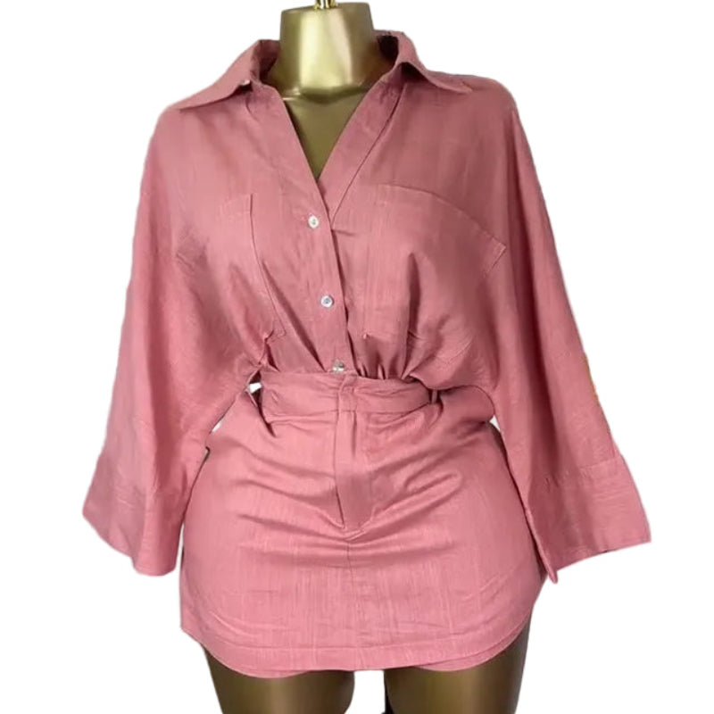 Modern two-piece batwing shirt and high-waisted skirt set by Plush Fashion Hub, featuring stylish tops and coordinated outfit.