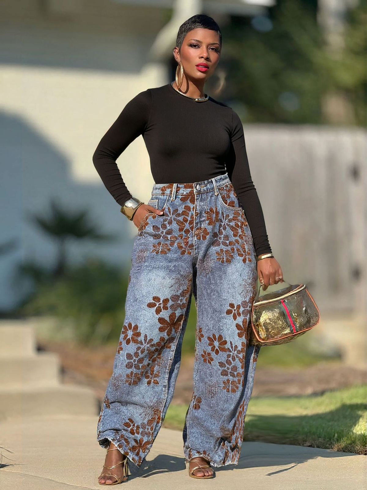 Washed vintage floral flocked knife-edge denim jeans for women by Plush Fashion Hub, featuring floral detailing and a classic denim fit.