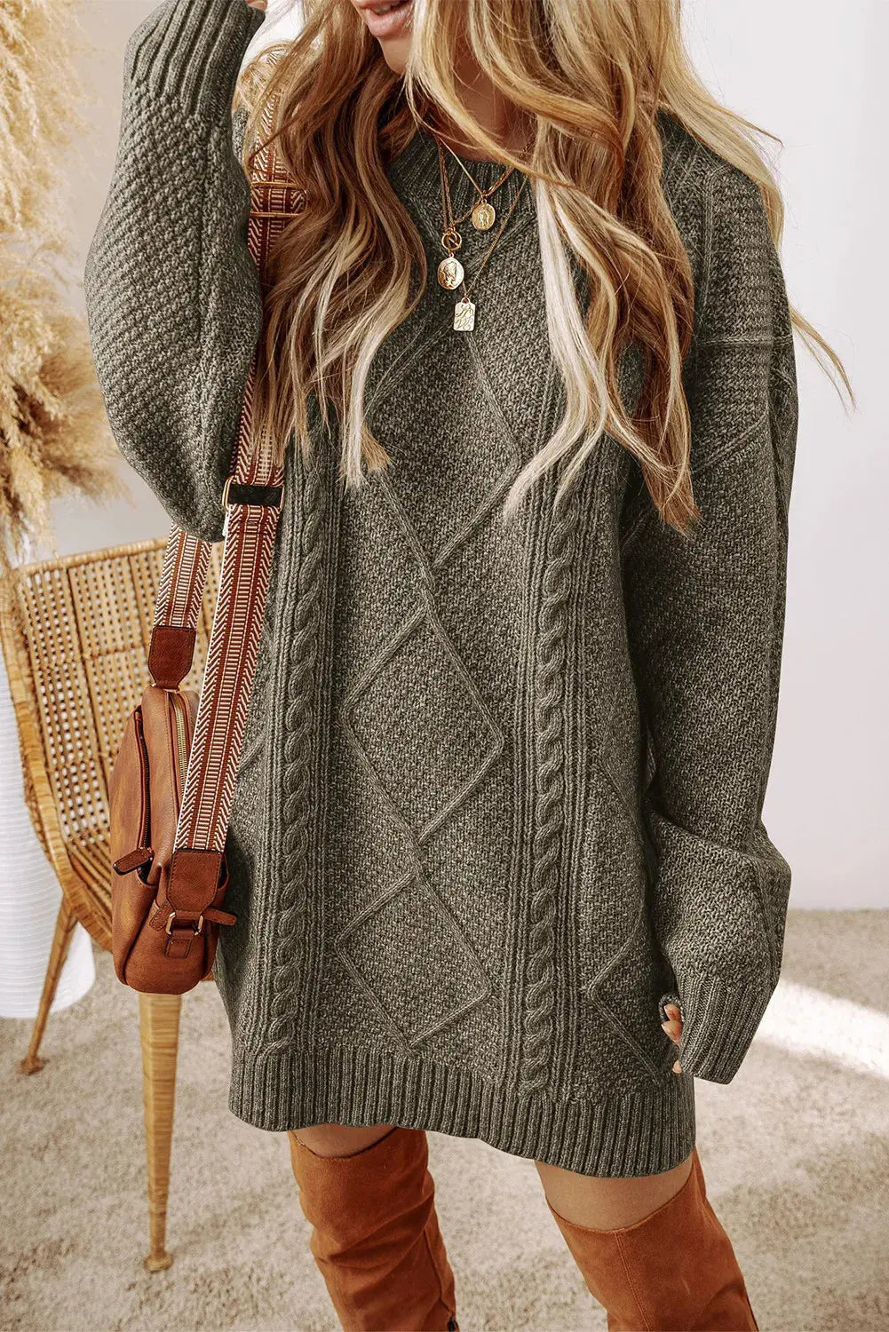 Cable-Knit Round Neck Sweater Dress - Plush Fashion Hub
