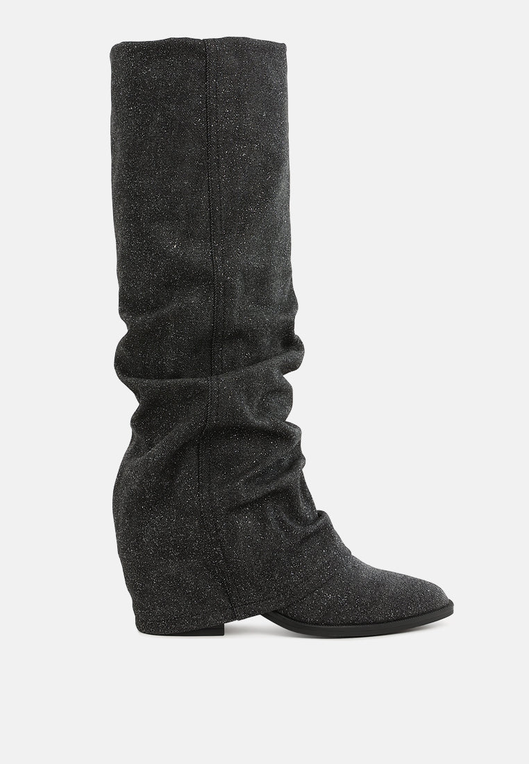 Black Capella fold-over slouchy denim boots by London Rag featuring a relaxed, fold-over design and chunky sole.