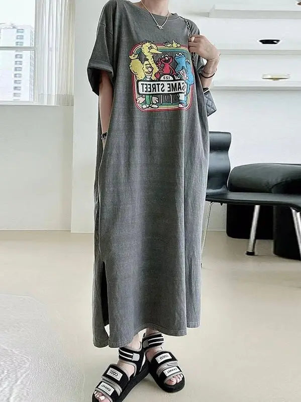 Cartoon Print Loose Dress Plush Fashion Hub