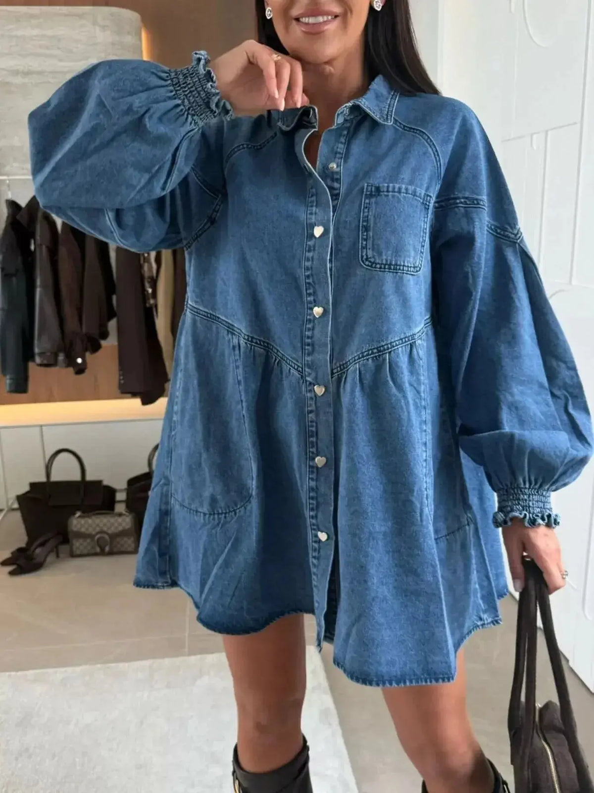 Plush Fashion Hub casual mini denim dress with button-down front and front pockets, perfect for relaxed everyday wear.