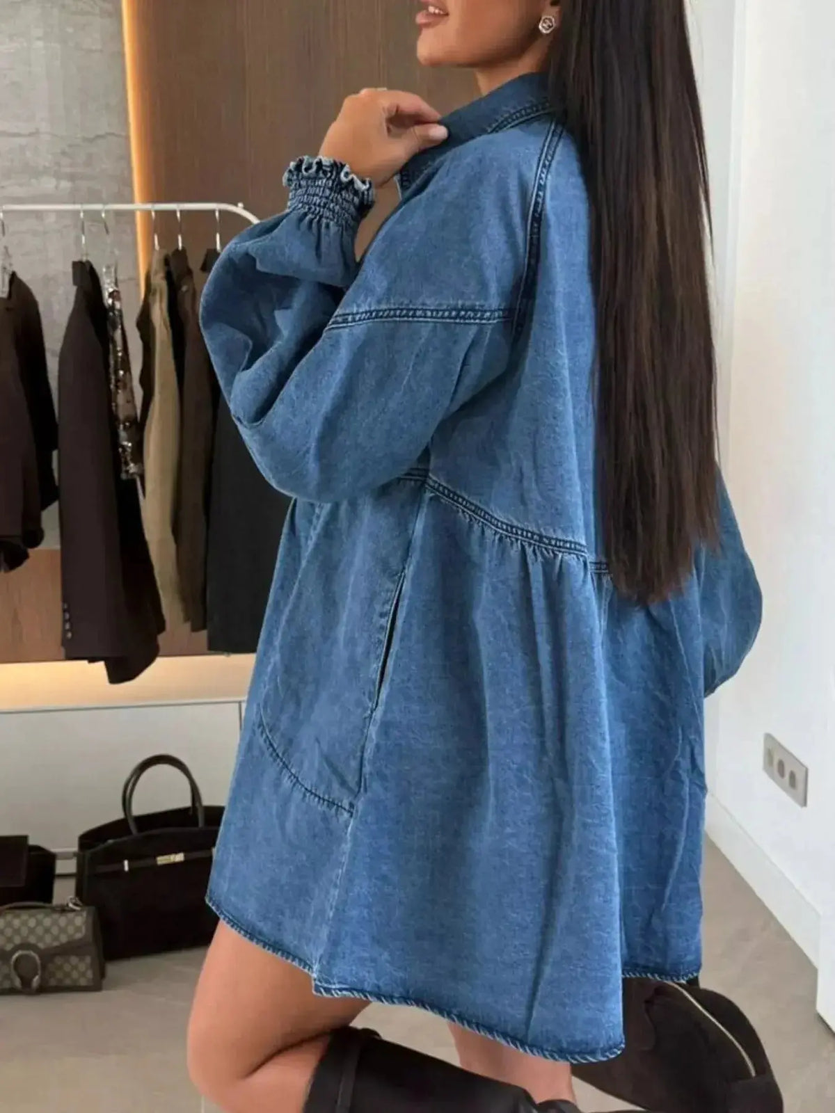 Plush Fashion Hub casual mini denim dress with button-down front and front pockets, perfect for everyday wear.