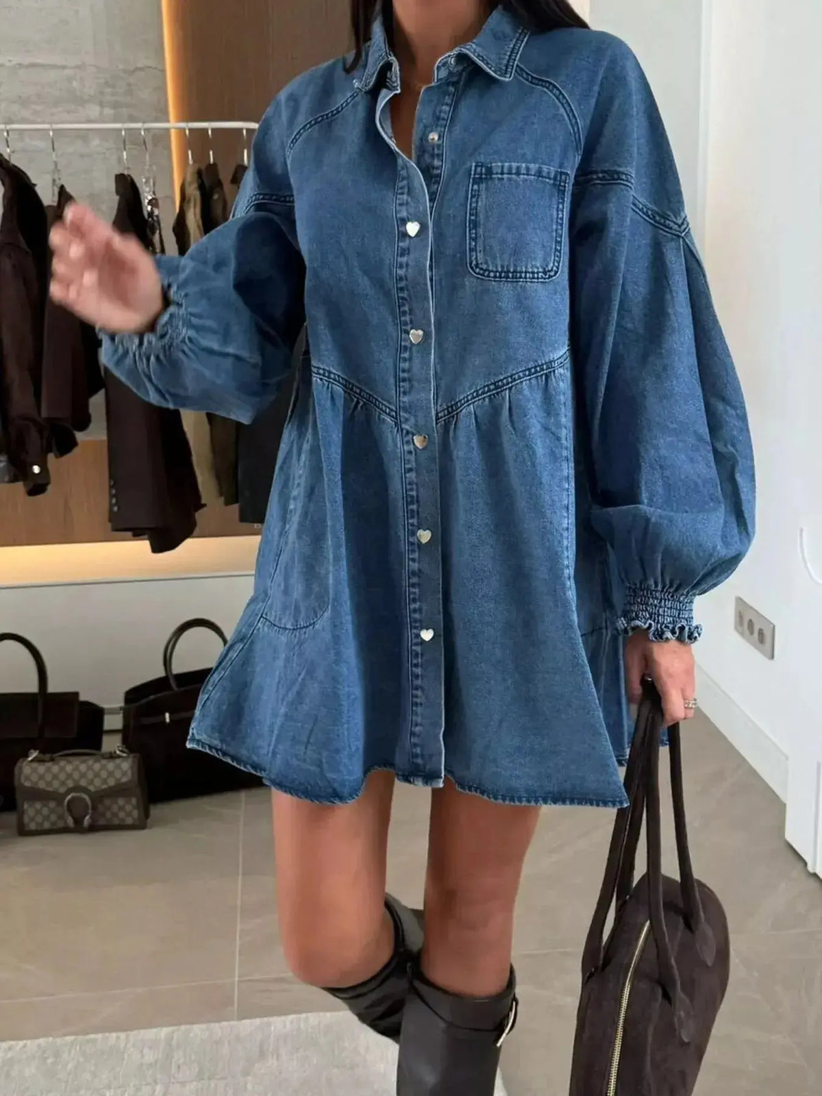 Plush Fashion Hub casual mini denim dress with button-down front and front pockets, perfect for relaxed, stylish outfits.