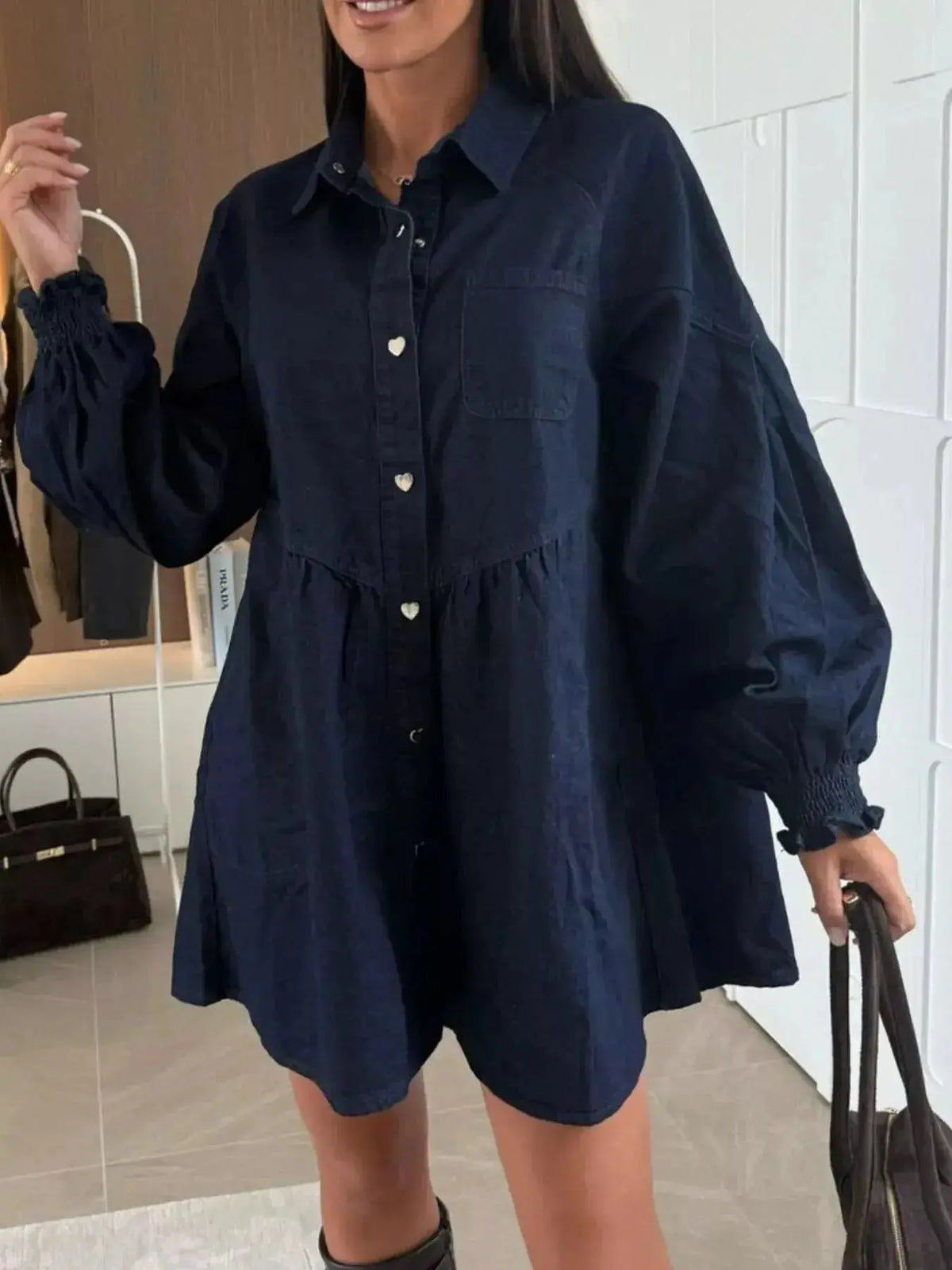 Plush Fashion Hub casual mini denim dress with button-down front and front pockets, perfect for a relaxed, stylish look.