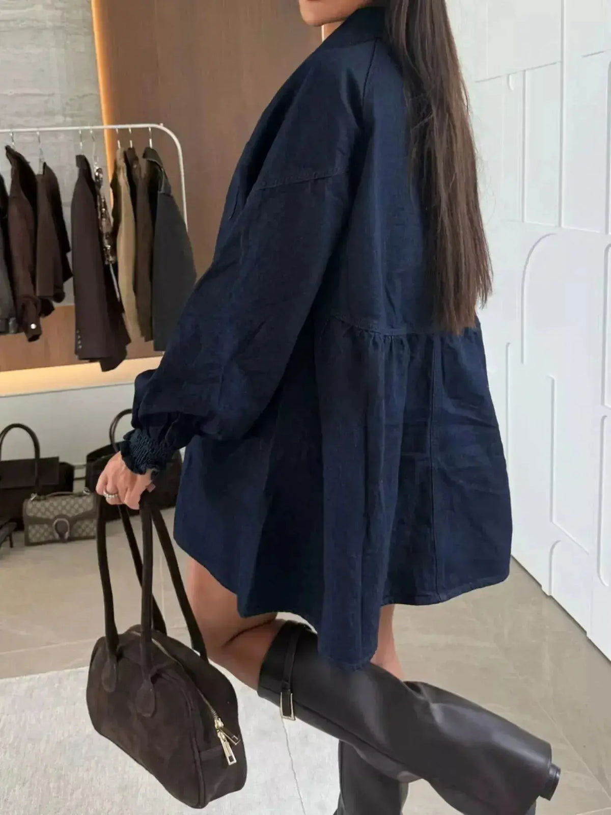 Plush Fashion Hub casual mini denim dress with button-down front and front pockets, perfect for everyday wear.