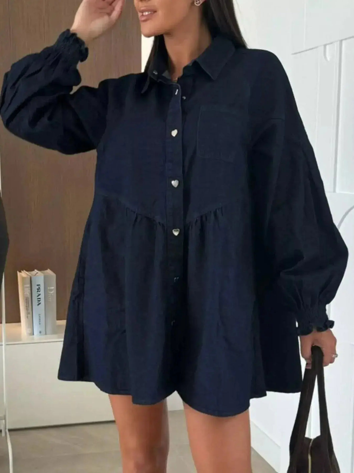 Plush Fashion Hub casual mini denim dress with button-down front and front pockets, perfect for everyday wear.