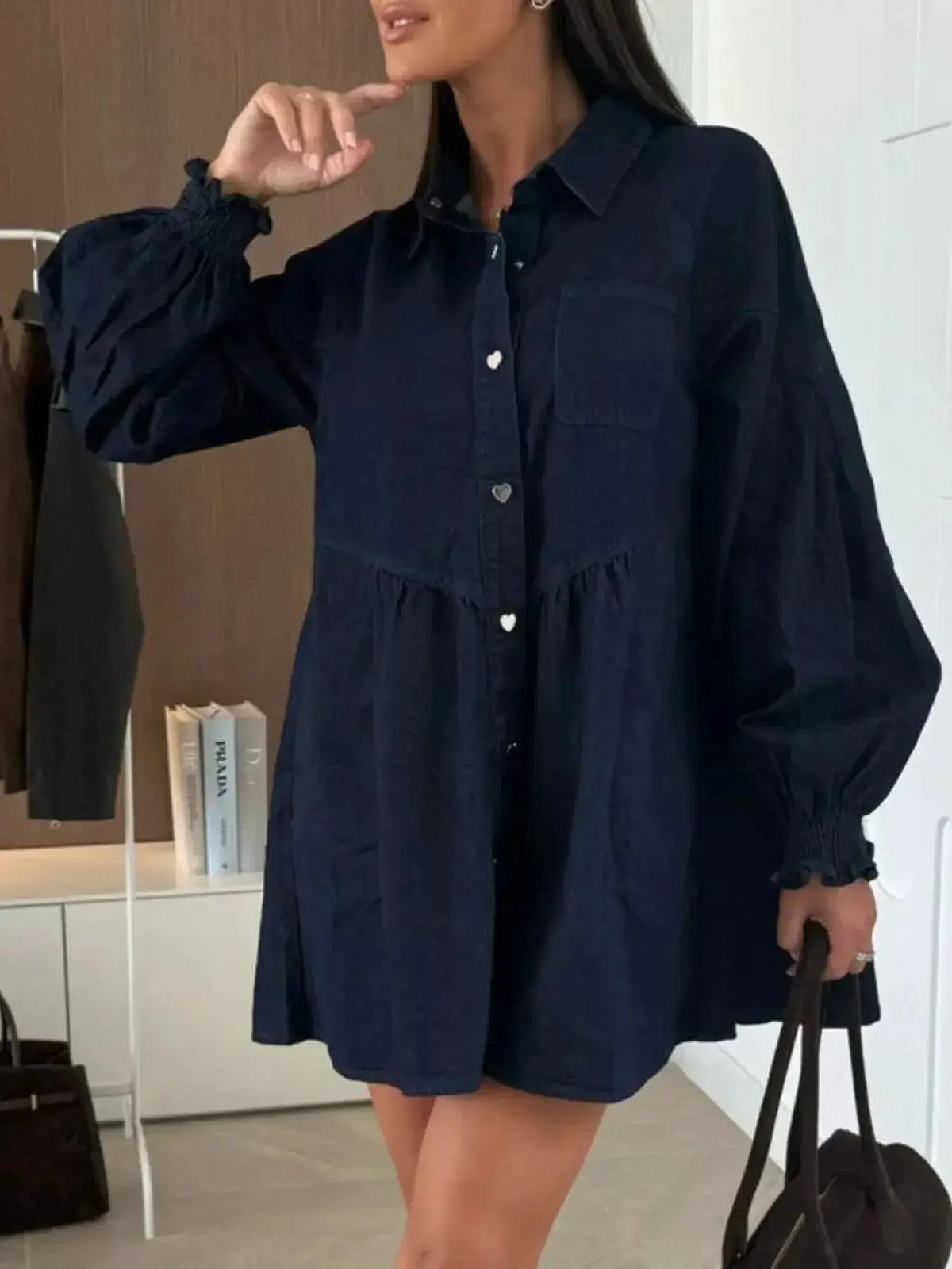 Casual blue denim mini dress with button-down front and front pockets, by Plush Fashion Hub, perfect for everyday wear.