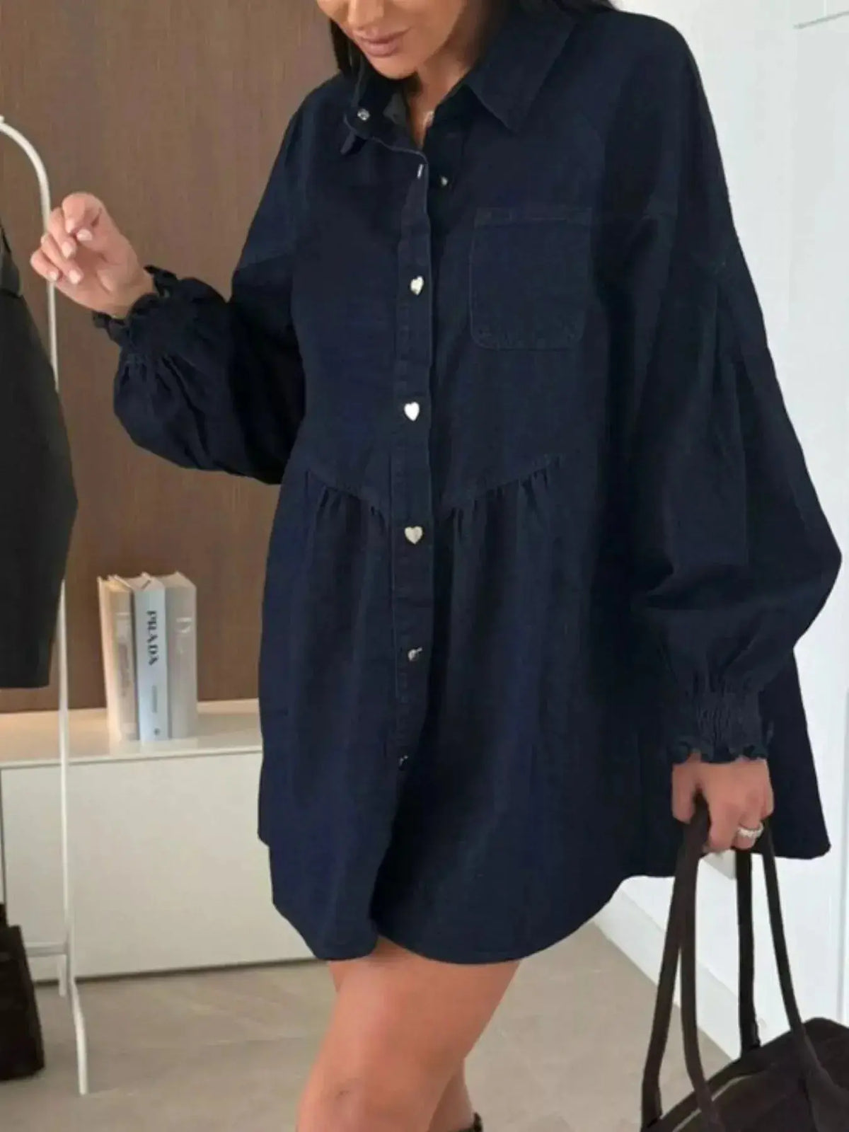 Plush Fashion Hub casual button-down mini denim dress with front pockets, stylish and comfortable for everyday wear.