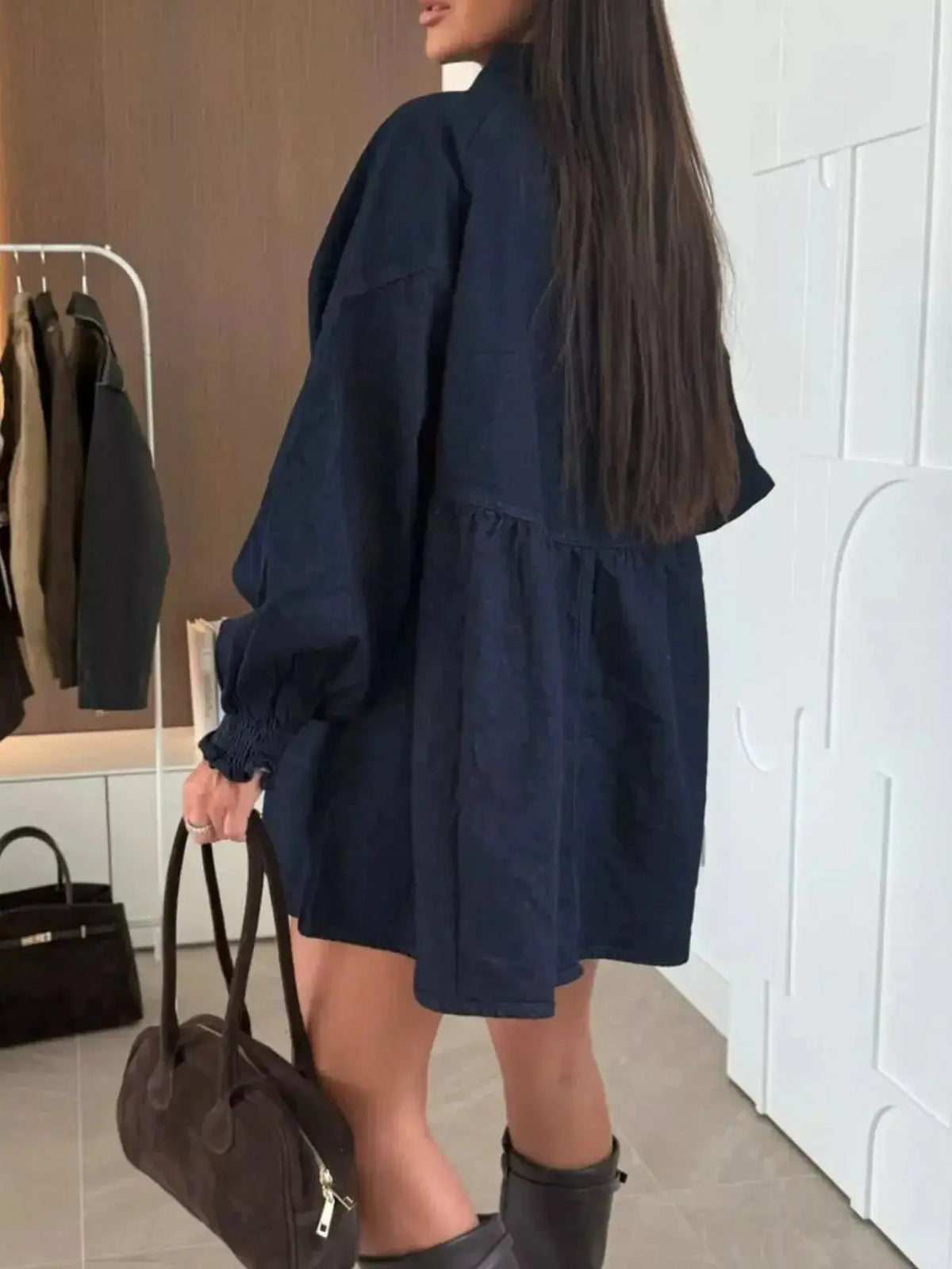 Plush Fashion Hub casual mini denim dress with button-down front and front pockets, perfect for a stylish everyday look.