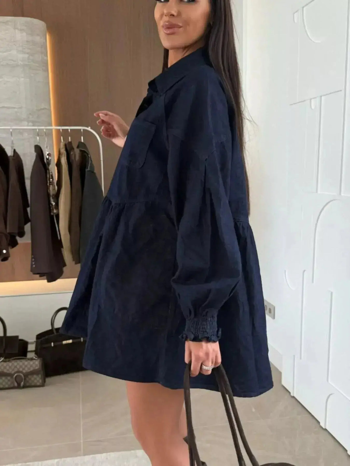 Plush Fashion Hub casual mini denim dress with button-down front and front pockets, perfect for everyday wear.