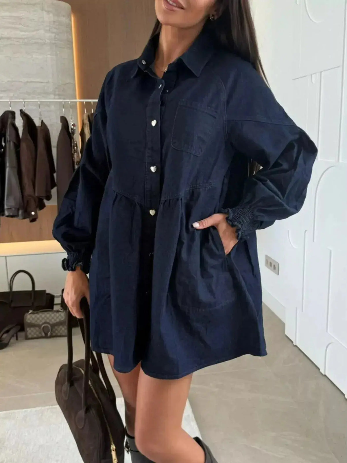 Plush Fashion Hub casual mini denim dress with button-down front and front pockets, perfect for a relaxed, stylish look.