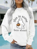 Plush Fashion Hub Boo Sheet Halloween graphic pullover hoodie in cozy cotton blend fleece with long sleeves and round neckline.