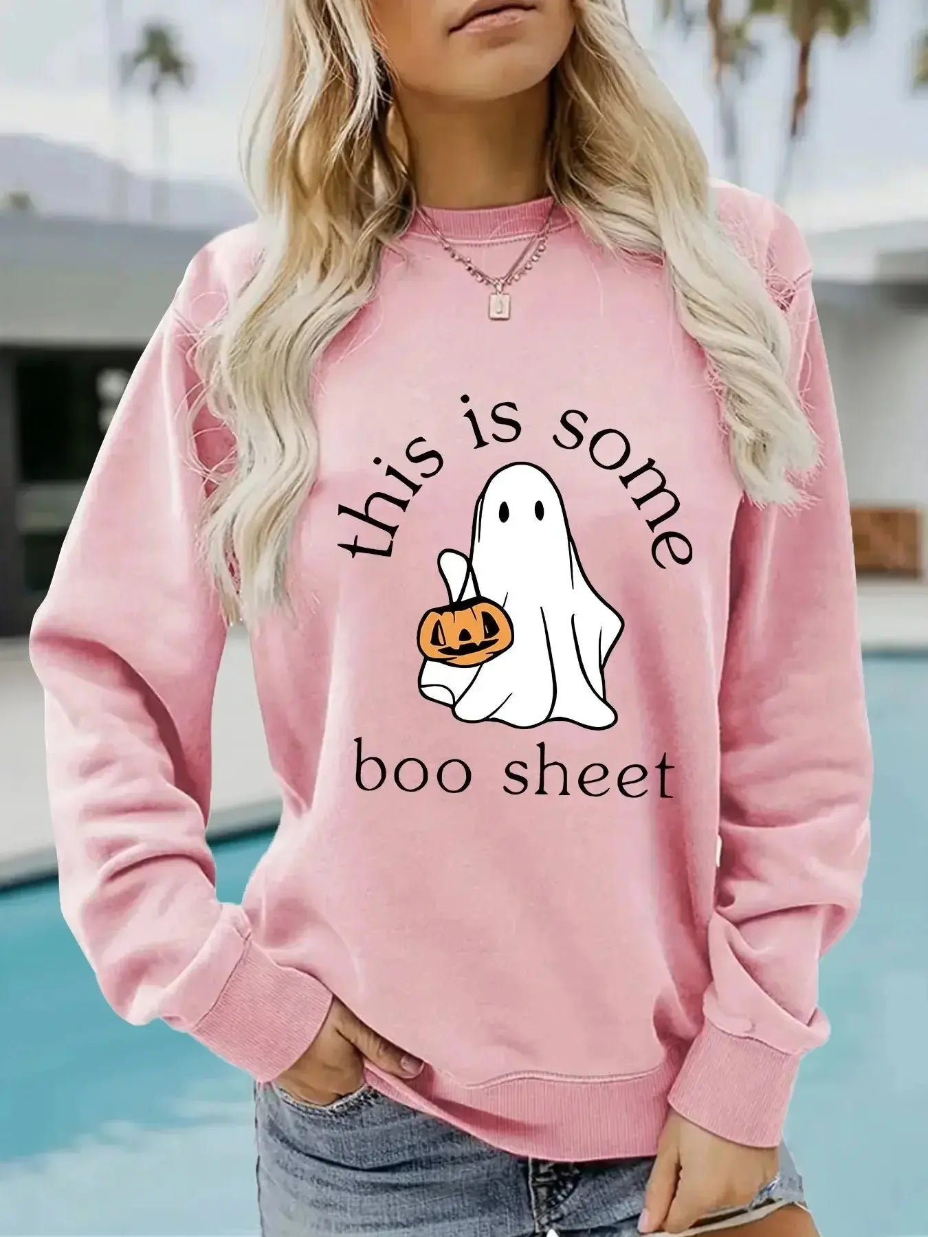 Plush Fashion Hub Boo Sheet Halloween graphic pullover hoodie with long sleeves and round neck, cozy cotton blend fleece.