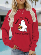 Plush Fashion Hub Boo Sheet Halloween graphic hoodie in cozy cotton blend fleece with long sleeves and round neckline.