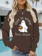 Plush Fashion Hub Boo Sheet Halloween graphic pullover hoodie with long sleeves and round neck in cozy cotton blend fleece.