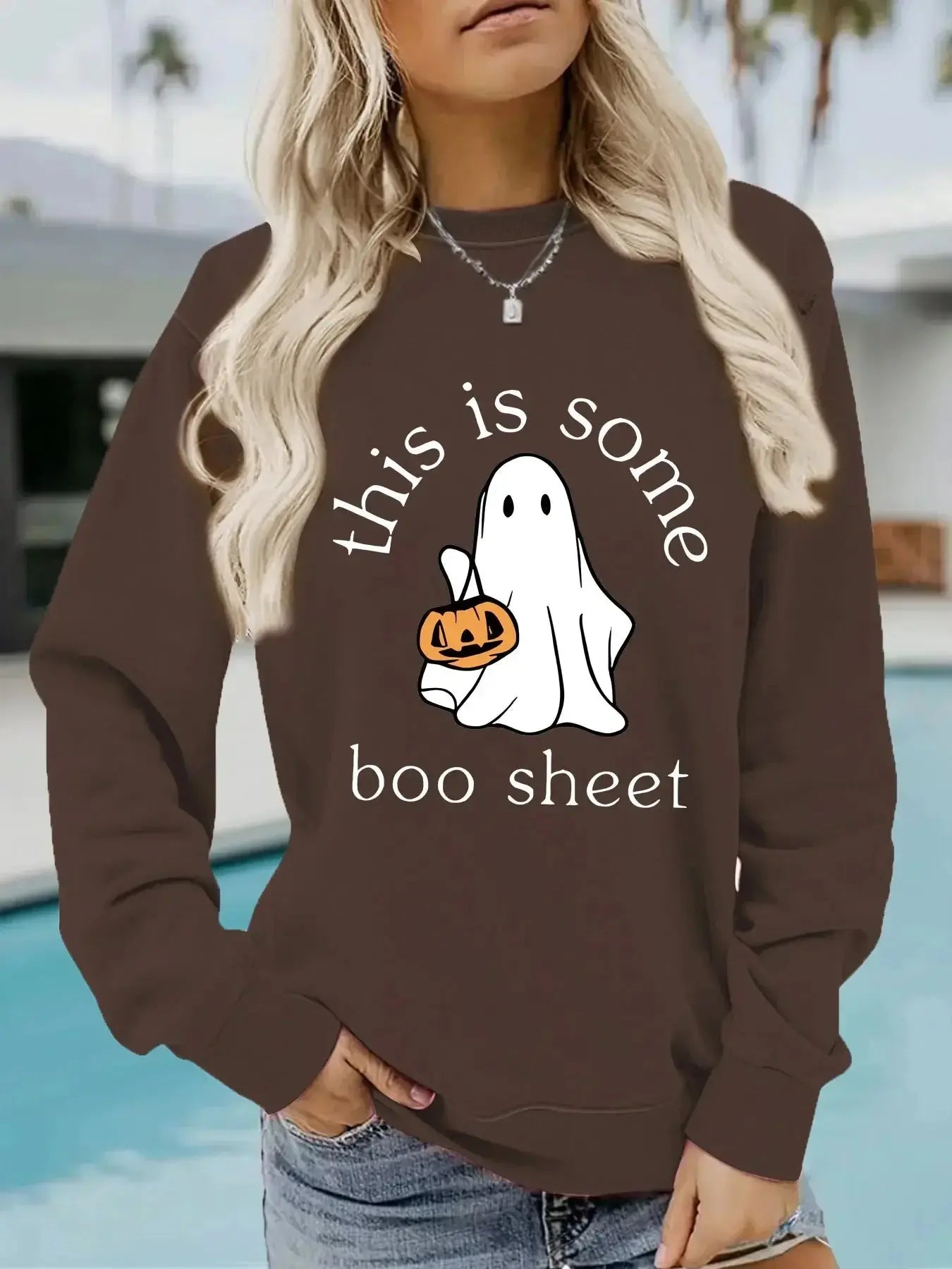 Plush Fashion Hub Boo Sheet Halloween graphic pullover hoodie with long sleeves and round neck in cozy cotton blend fleece.