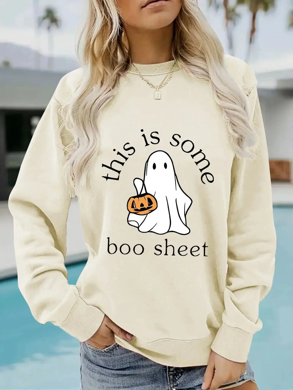 Plush Fashion Hub Boo Sheet Halloween graphic pullover hoodie with long sleeves, cozy cotton blend fleece, round neck, casual style.