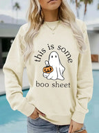 Plush Fashion Hub Boo Sheet Halloween graphic pullover hoodie with long sleeves, cozy cotton blend fleece, round neck, casual style.