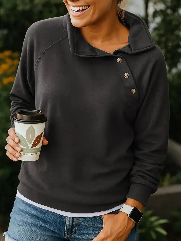 Women's casual slant collar button pullover sweatshirt by Plush Fashion Hub, long-sleeved, solid color, relaxed fit top.