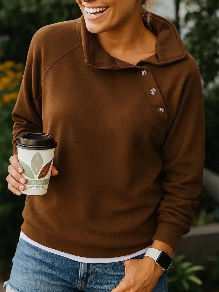 Women's casual slant collar button pullover sweatshirt in solid color, relaxed fit long-sleeve top by Plush Fashion Hub.