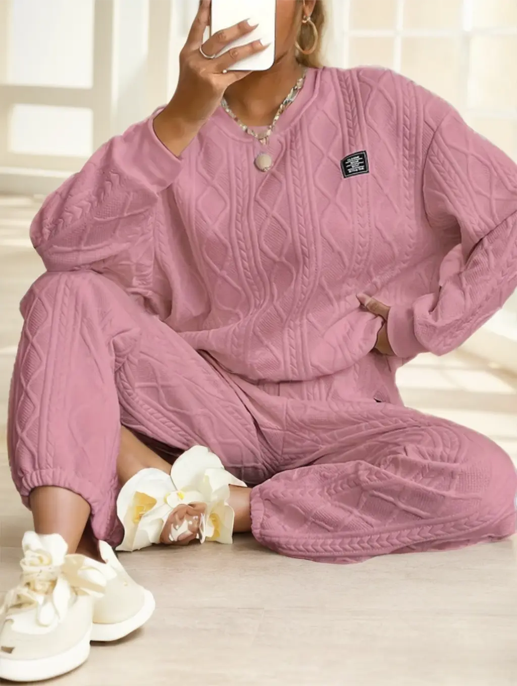 Casual Patch Cable Textured Pants Set, Long Sleeve Crew Neck Sweatshirt - Plush Fashion Hub