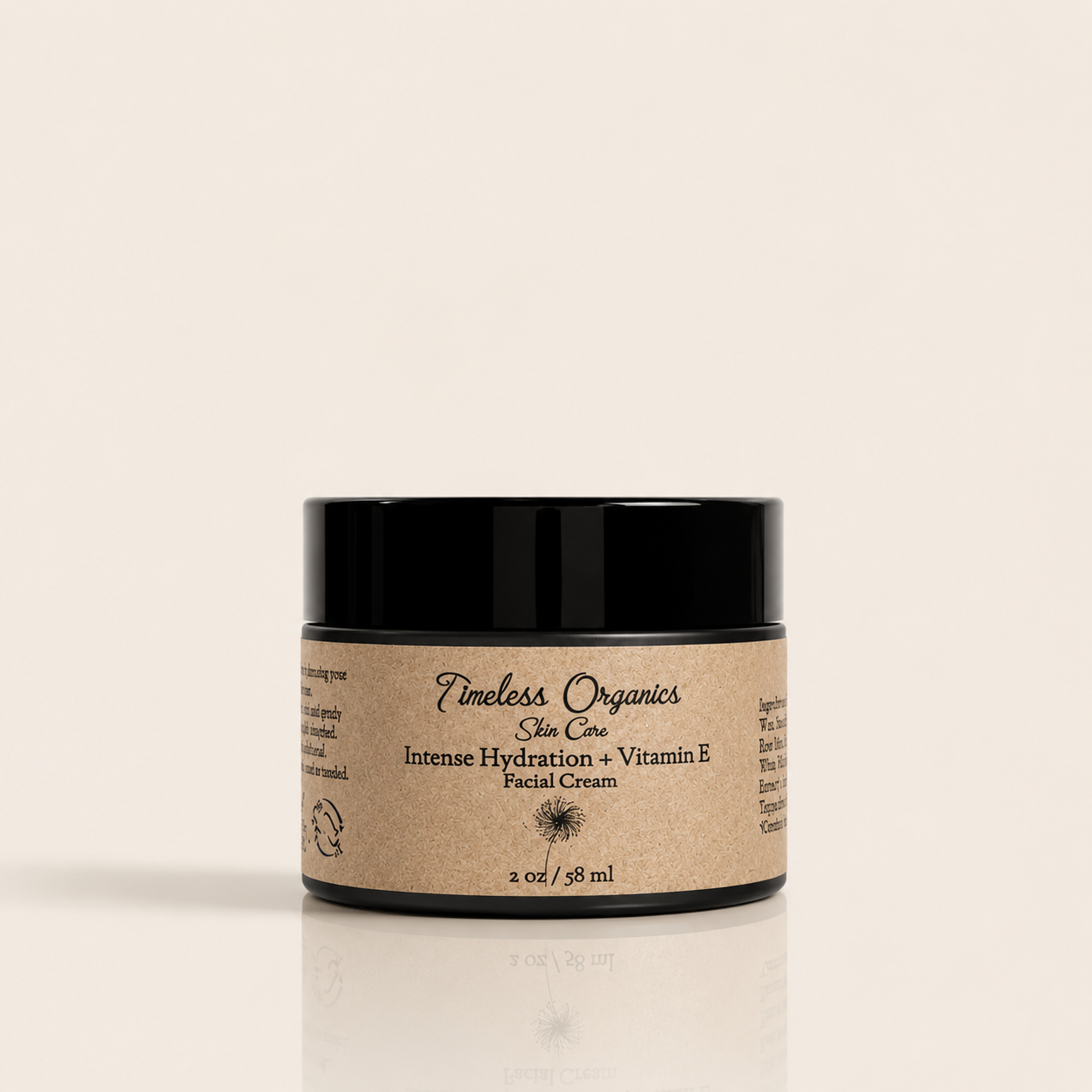Timeless Organics Skin Care Intense Hydration Vitamin E Facial Cream in a jar, showing creamy moisturizer with fresh ingredients