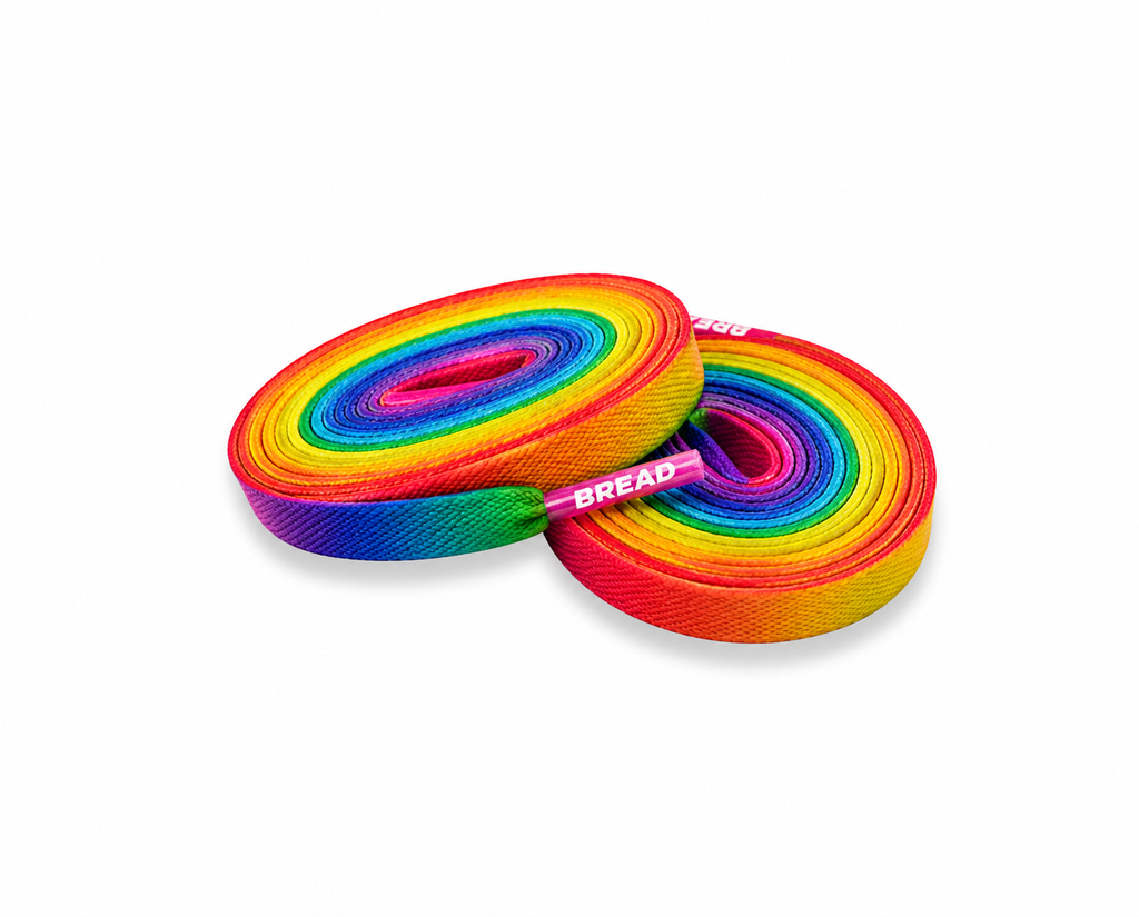 Colorful Prime Rainbow elastic shoelace by Bread, featuring vibrant rainbow hues and stretchy, comfortable design for sneakers.