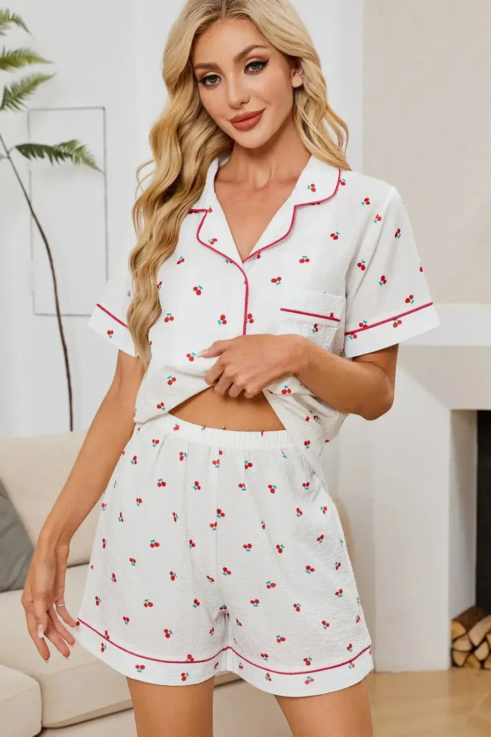 Cheery Print Collared Neck Top and Shorts Lounge Set - Plush Fashion Hub