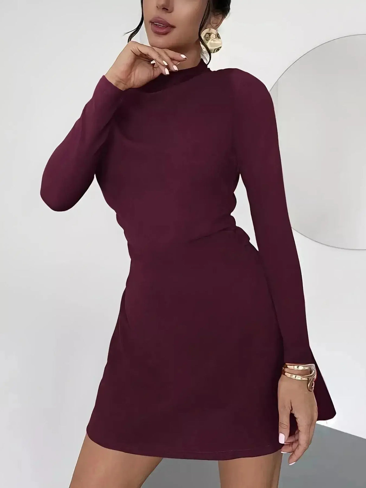 Chic Plush Fashion Hub mock neck long sleeve mini dress, soft stretchy casual fitted dress on a model.
