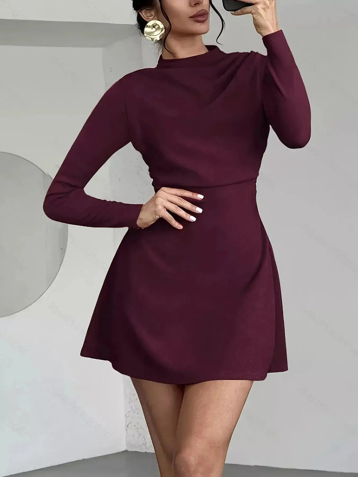 Plush Fashion Hub chic mock neck long sleeve mini dress, soft stretchy casual fitted dress for stylish everyday wear.