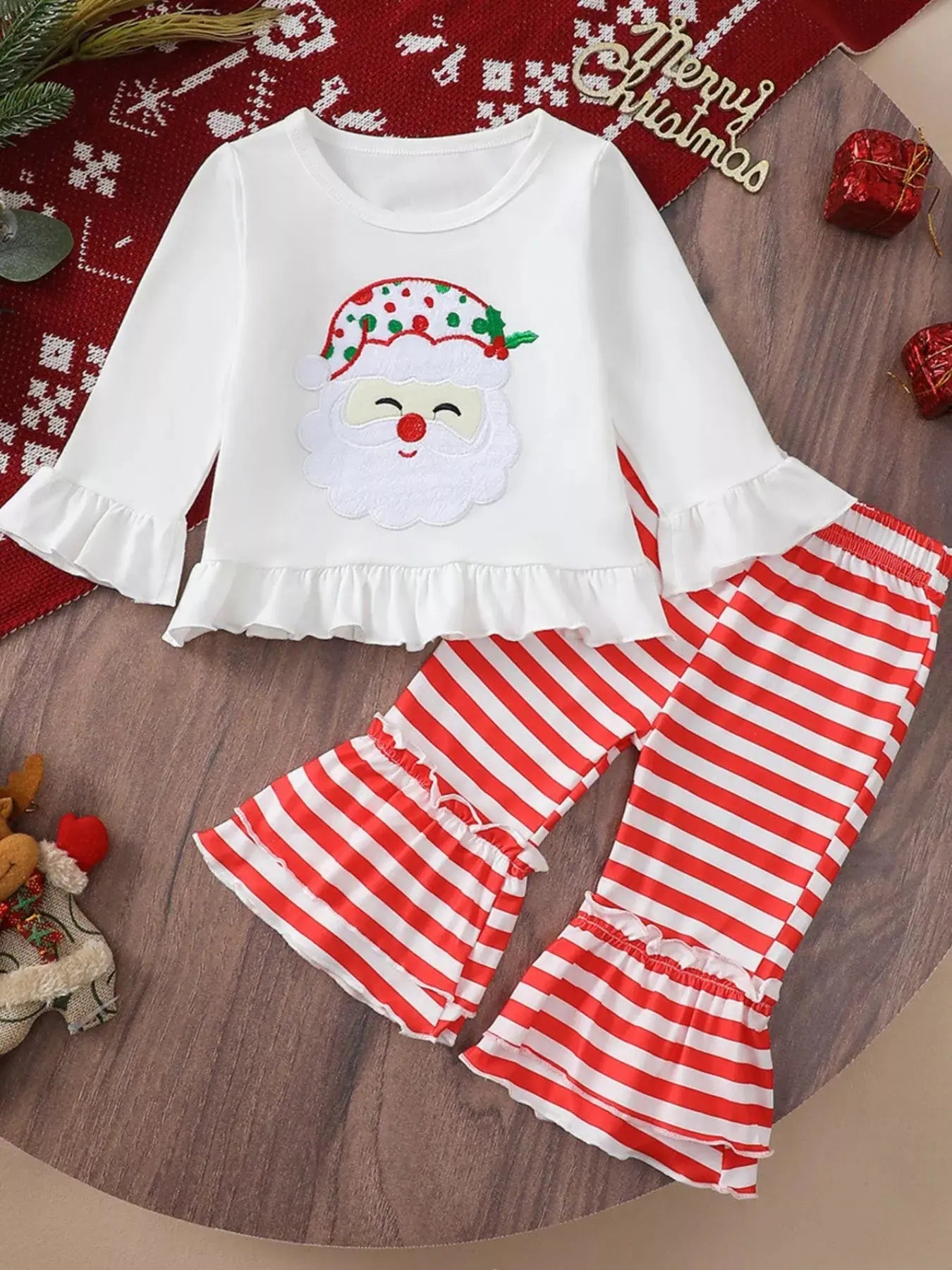 Children's Christmas Ruffle Trim Top and Pants Set - Plush Fashion Hub