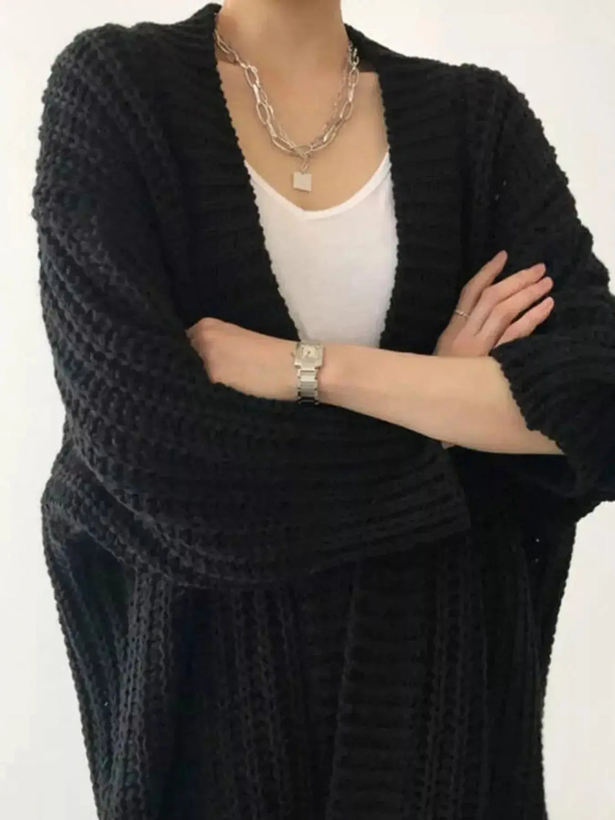 Women's chunky knit open-front cardigan with long sleeves from Plush Fashion Hub, cozy and stylish sweater for casual wear.
