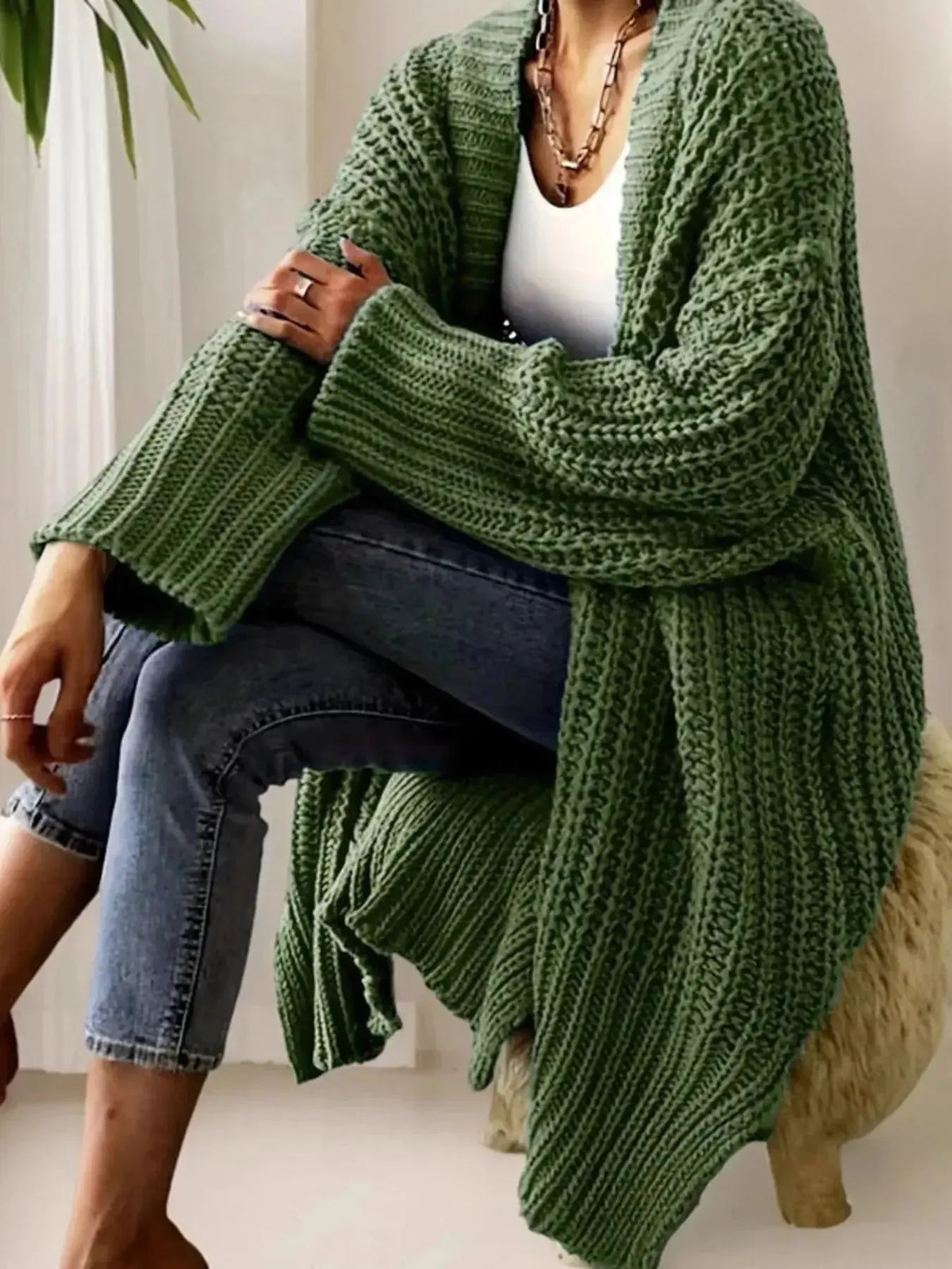 Women’s chunky knit open-front cardigan sweater with long sleeves from Plush Fashion Hub, cozy and stylish for casual wear.