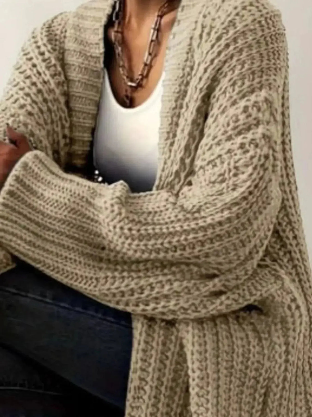 Women’s chunky knit open-front cardigan with long sleeves from Plush Fashion Hub, cozy and stylish sweater for casual wear.