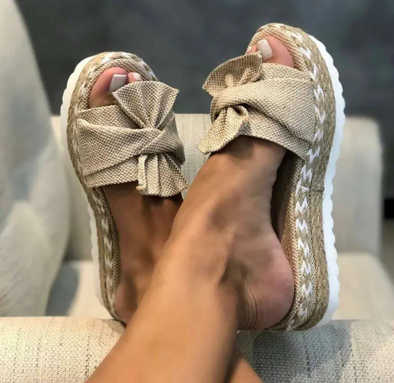Women’s bow sandals with platform wedge heel, stylish and comfortable footwear by Trendy Attic Store01.