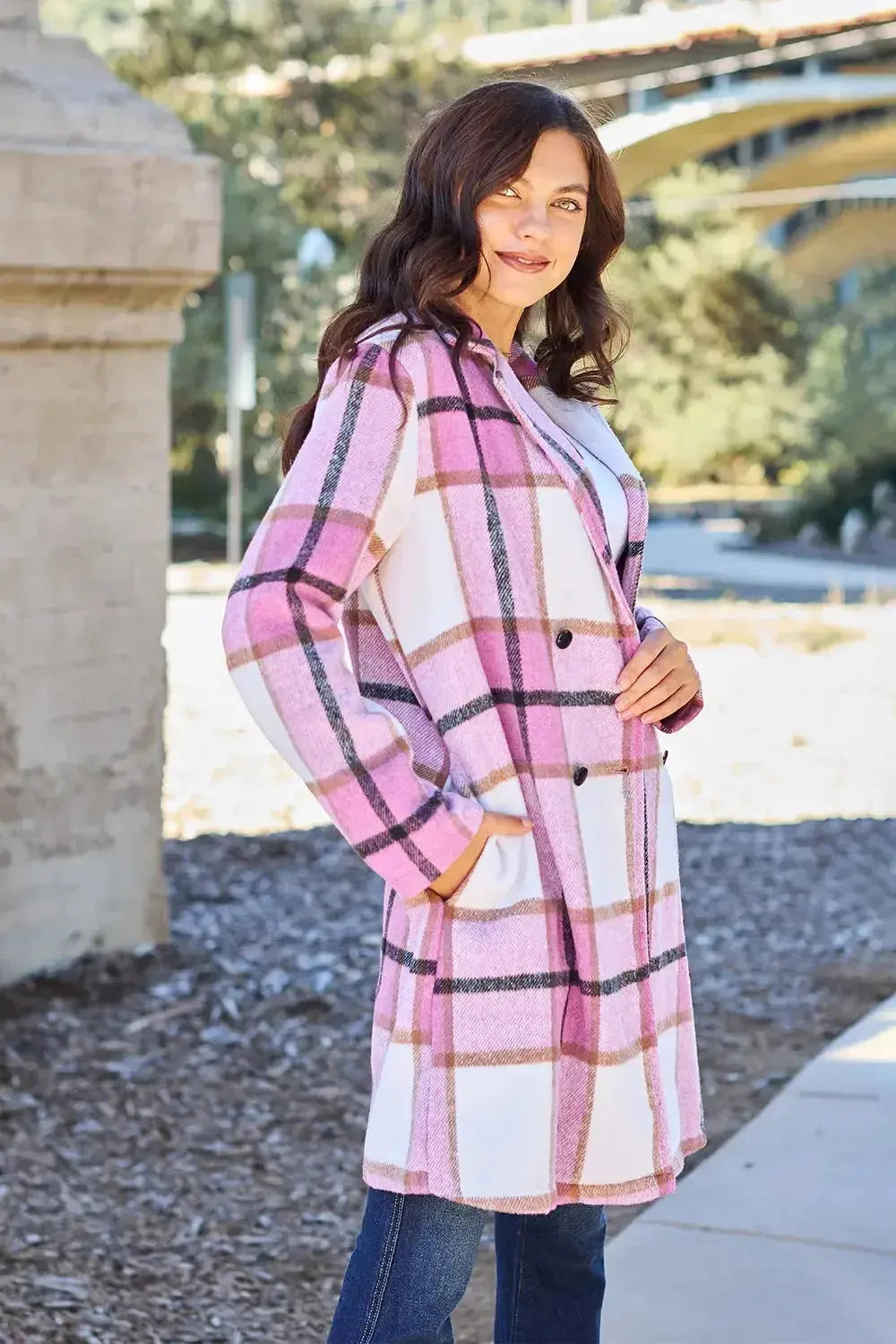 Women's plaid button-up lapel coat by Plush Fashion Hub with wool-feel outerwear, perfect for seasonal layering.