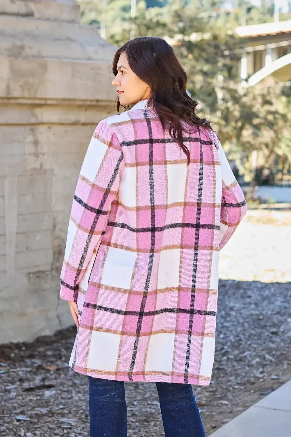 Women’s classic plaid button-up lapel coat by Plush Fashion Hub, seasonal wool-feel outerwear with a stylish plaid pattern.