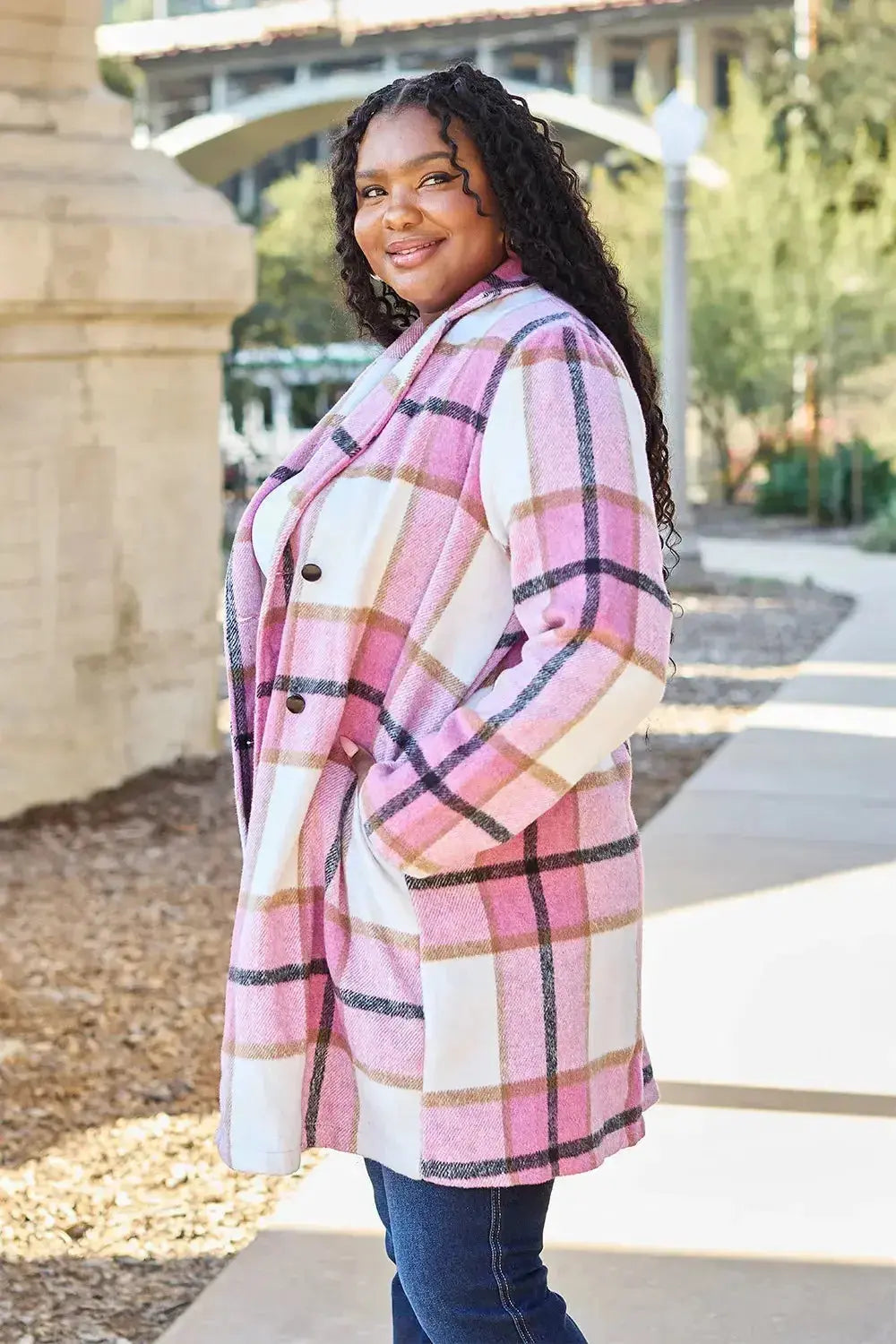 Women’s plaid button-up coat with lapel collar, plush wool-feel outerwear by Plush Fashion Hub, ideal for seasonal styling.
